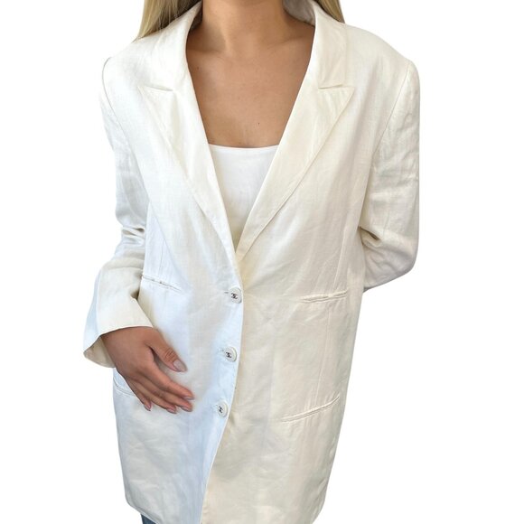 CHANEL Vintage 96P CC Mark Logo Jacket Silver Button #38 White Linen [106330] - Picture 1 of 11